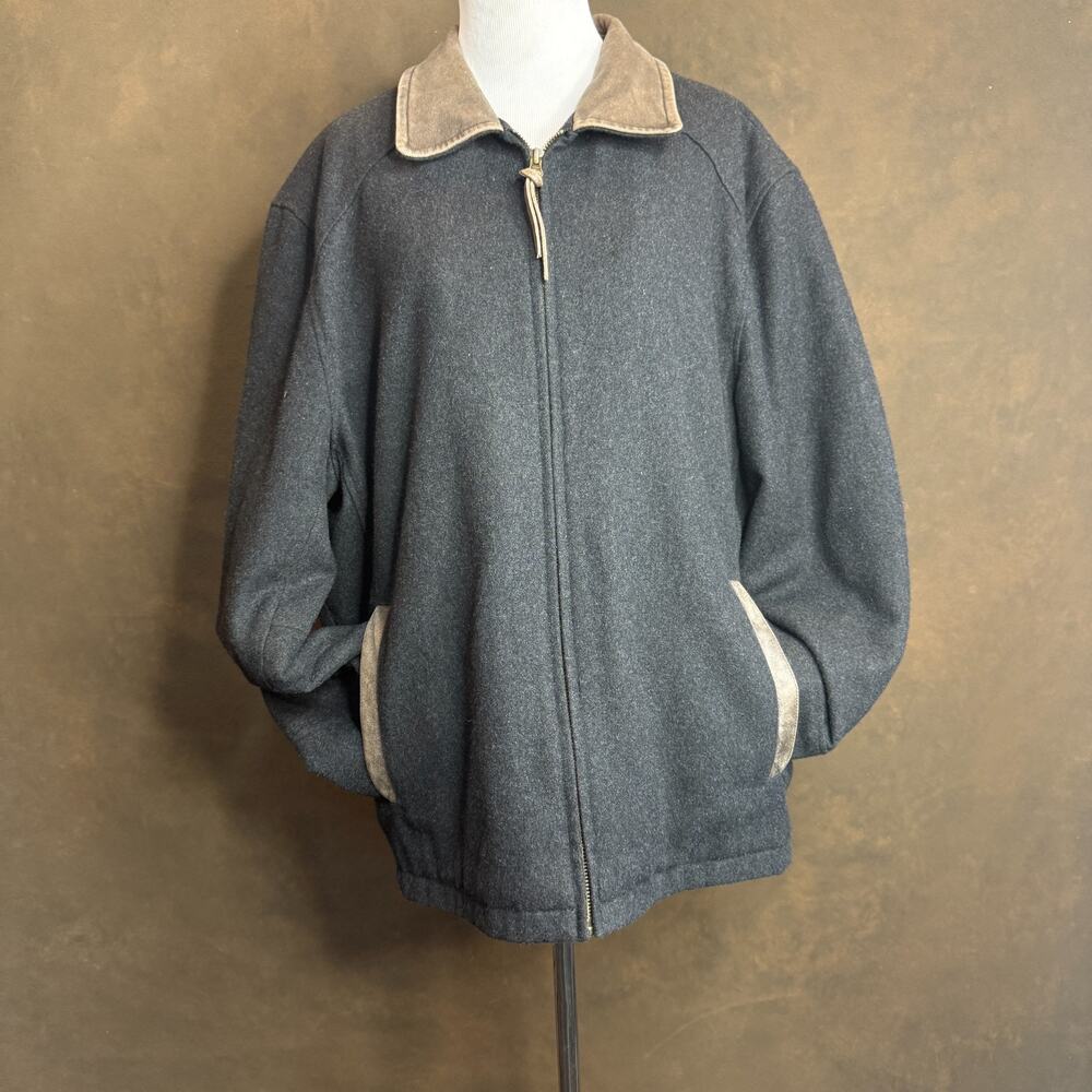 Madison Creek Outfitters Men’s Wool Jacket Leather Trim Quilted Lined Size L